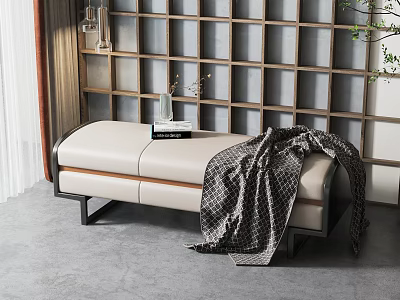 Beige Leather Sofa Bench With Black Metal Legs And Plaid Blanket On Wooden Lattice Background 3d model