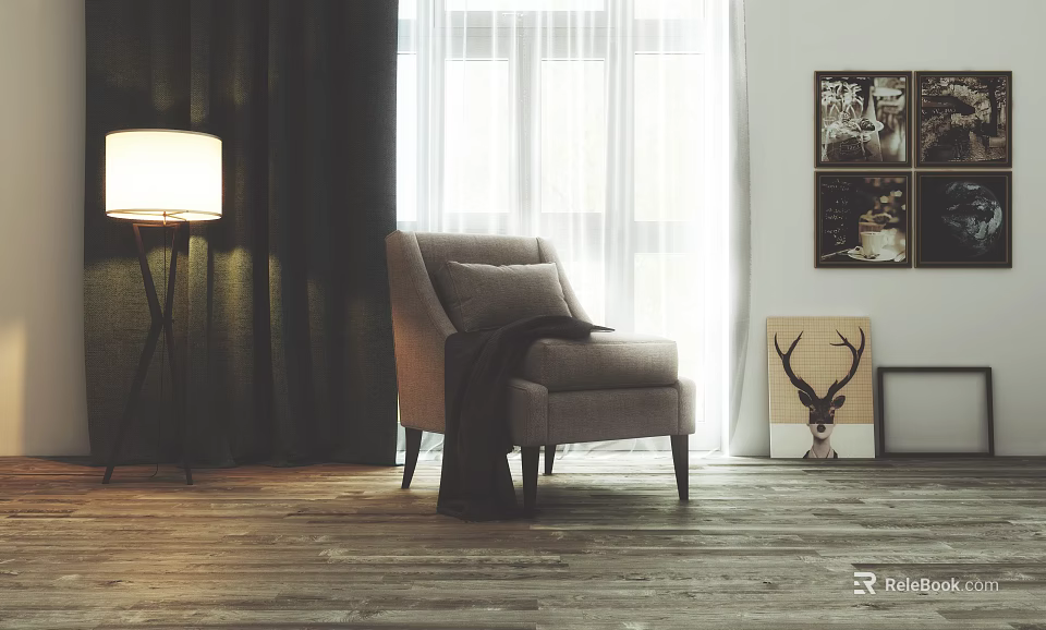 Light Gray Single Sofa With Throw Pillow And Blanket Floor Lamp Natural Light Wooden Floor 3d model 
