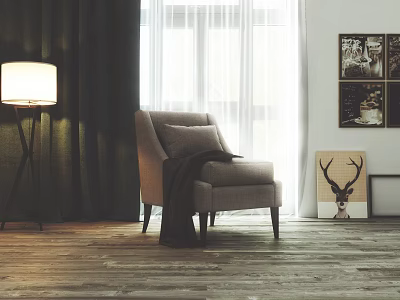 Light Gray Single Sofa With Throw Pillow And Blanket Floor Lamp Natural Light Wooden Floor 3d model