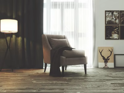 Light Gray Single Sofa With Throw Pillow And Blanket Floor Lamp Natural Light Wooden Floor 3d model