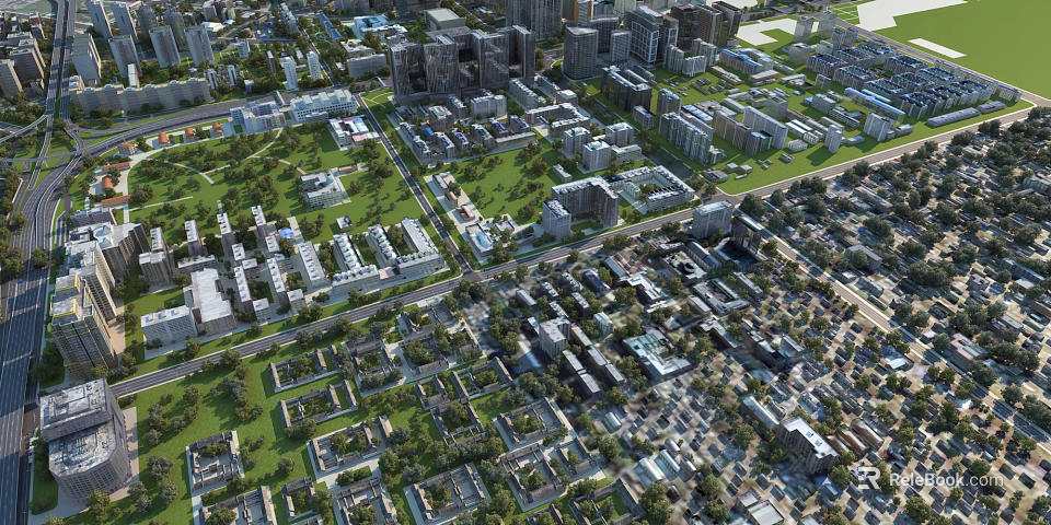 Urban Aerial Planning View With High Rise Buildings Green Spaces And Residential Areas 3d model 