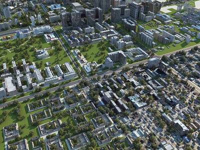 Urban Aerial Planning View With High Rise Buildings Green Spaces And Residential Areas 3d model
