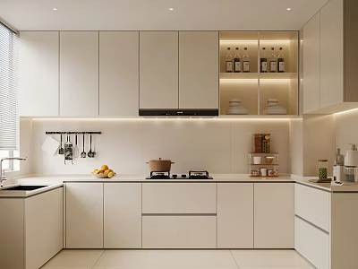 Modern White Kitchen Interior With Upper Cabinets Stove Sink And Storage 3d model