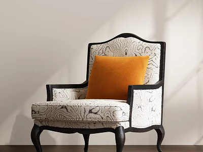 Elegant Accent Chair with Black Frame Patterned Fabric and Orange Cushion for Living Room 3d model