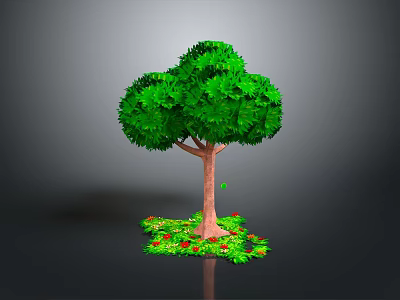 Green Leafy Tree With Brown Trunk And Lush Foliage Surrounded By Red And Green Flowers 3d model