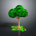 Green Leafy Tree With Brown Trunk And Lush Foliage Surrounded By Red And Green Flowers