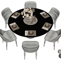 Elegant Round Dining Table Set Featuring Six Gray Chairs White Base And Dinnerware 3d model