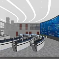 Advanced Monitoring Room Interior Setup With Large Blue Display Screen Data Charts And Computer Consoles