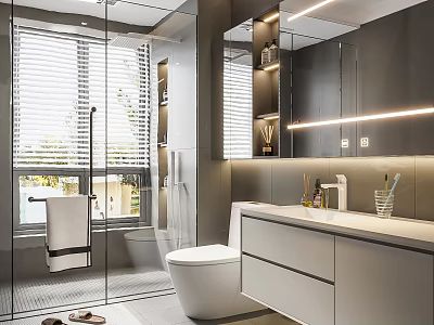 Modern Bathroom Interior With Glass Shower Enclosure Blinds Large Mirror White Toilet And Vanity Lighting 3d model