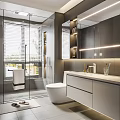 Modern Bathroom Interior With Glass Shower Enclosure Blinds Large Mirror White Toilet And Vanity Lighting