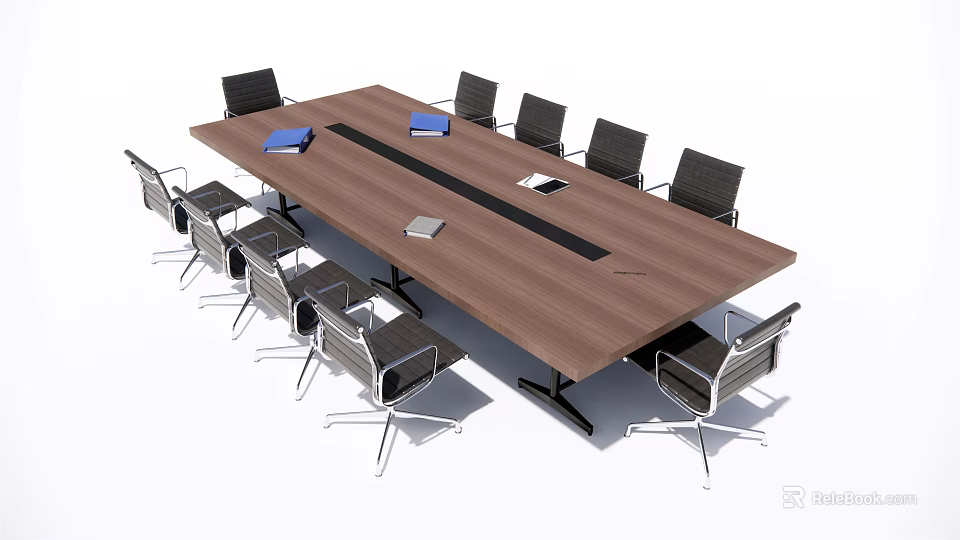 Modern Office Conference Table With Wooden Top Black Metal Leg Chairs And Documents Notepad Tablet 3d model 