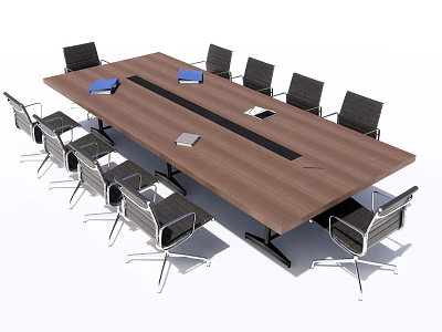 Modern Office Conference Table With Wooden Top Black Metal Leg Chairs And Documents Notepad Tablet 3d model