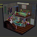 Cartoon Scenario of a Cozy Duplex Room with Stairs Bed Sofa TV and Wooden Floor