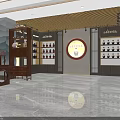 Tobacco and Liquor Store Interior with Golden Display Shelves Wine Tea Products and Marble Counter