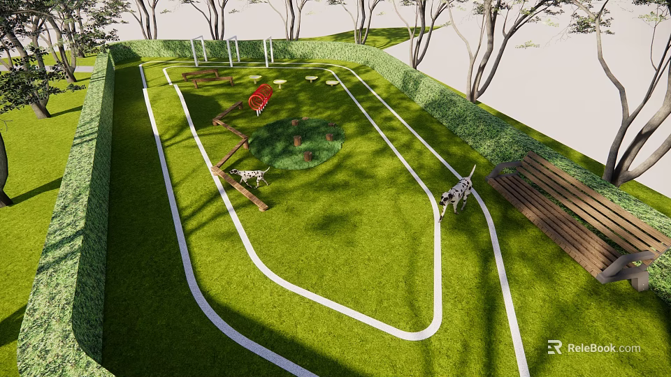 Park Landscape Featuring Green Lawn Curved White Pathways Trees and Wooden Bench 3d model 