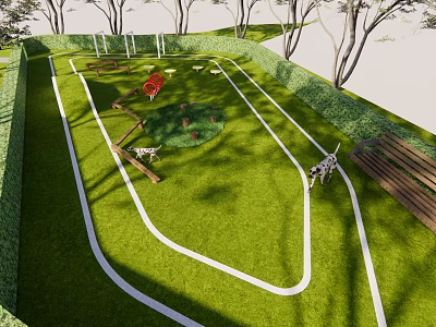Park Landscape Featuring Green Lawn Curved White Pathways Trees and Wooden Bench 3d model