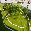 Park Landscape Featuring Green Lawn Curved White Pathways Trees and Wooden Bench