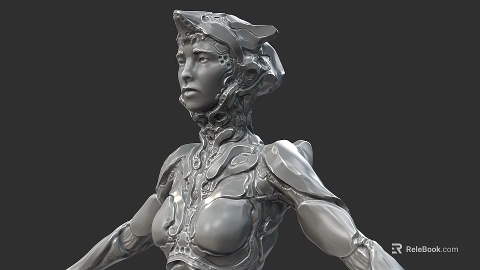 Futuristic Woman Sculpture With Metallic Cybernetic Armor And Sleek Design 3d model 