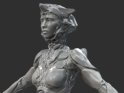 Futuristic Woman Sculpture With Metallic Cybernetic Armor And Sleek Design 3d model
