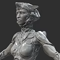 Futuristic Woman Sculpture With Metallic Cybernetic Armor And Sleek Design