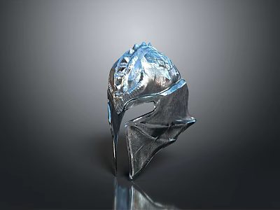 Silver Metallic Weapon Helmet With Detailed Carved Design And Reflective Surface 3d model