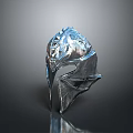 Silver Metallic Weapon Helmet With Detailed Carved Design And Reflective Surface