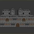 Medieval Castle Style Stone Building With Pointed Towers Arched Doors And Windows