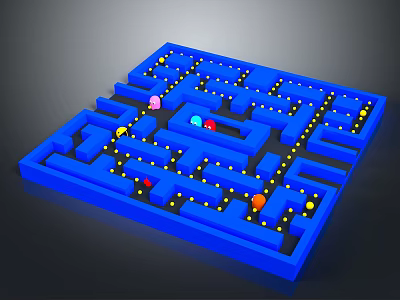Colorful Balls Moving Through Blue Maze With Yellow Dots And Paths 3d model