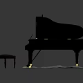 Elegant Black Grand Piano Musical Instrument with Leather Bench on Gray Carpet