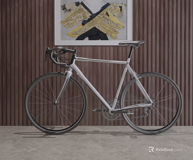 Stylish Silver Road Bicycle Against Wooden Wall With Decorative Painting 3d model 