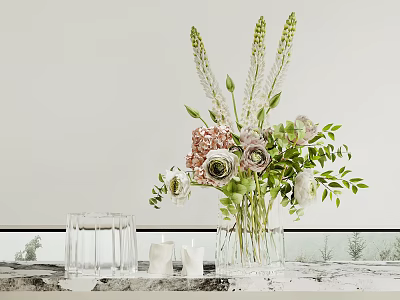Fresh Flower Vase With Pink White Blossoms Green Leaves Glass Candles Marble Tabletop 3d model