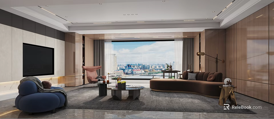 Modern Luxury Living Dining Room Interior With Sofa Coffee Table And City View Window 3d model 