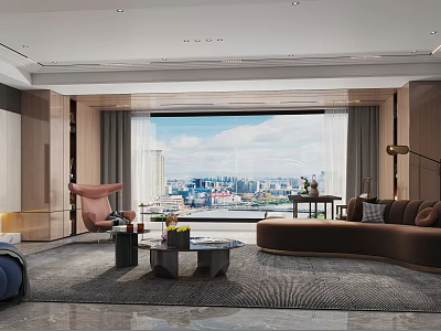 Modern Luxury Living Dining Room Interior With Sofa Coffee Table And City View Window 3d model