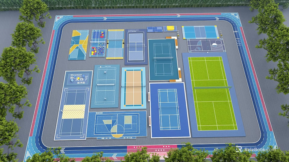 Fire Rescue Access Area Layout in Sports Complex With Basketball Tennis Courts and Track 3d model 