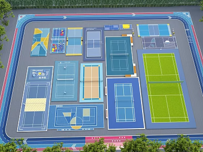 Fire Rescue Access Area Layout in Sports Complex With Basketball Tennis Courts and Track 3d model