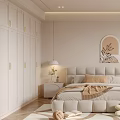 Modern Minimalist Bedroom Interior With Upholstered Bed Wardrobe Rug Blinds And Decorative Art