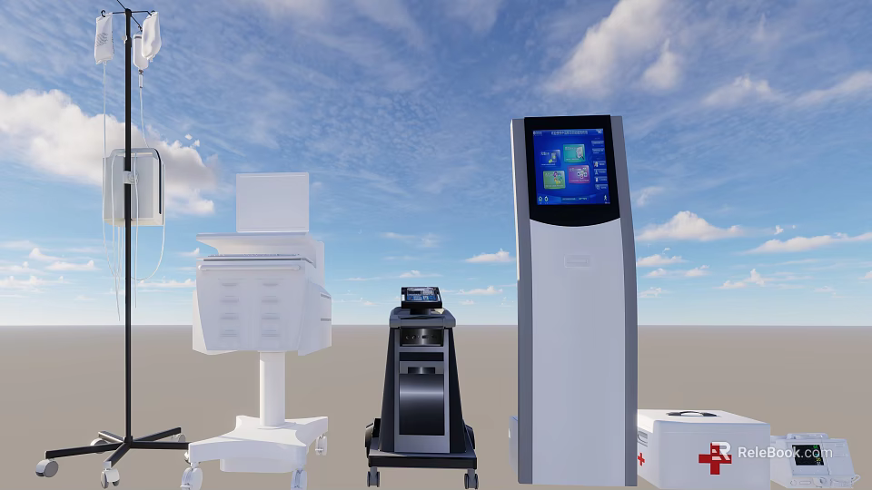Key Medical Devices Including IV Stand Cart Monitor Display And First Aid Kit 3d model 