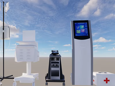 Key Medical Devices Including IV Stand Cart Monitor Display And First Aid Kit 3d model