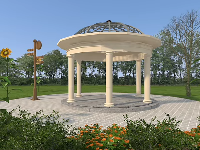 White Columned Gazebo With Dome Roof In Garden With Green Lawn And Sunflowers 3d model