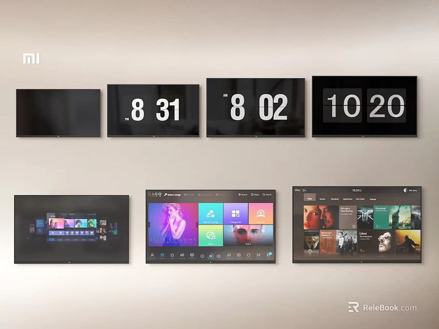 MI Multiple Wall Mounted TVs Featuring Time Display And Various Content Interfaces 3d model 