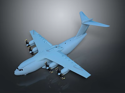 Light Blue Transport Aircraft Model With Four Propellers And Reflective Surface Design 3d model