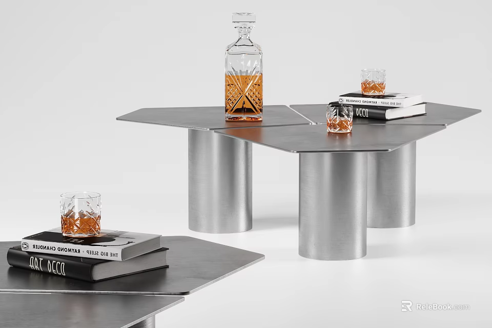 Modern Metal Coffee Table With Cylindrical Legs Whiskey Bottle Books And Glassware 3d model 