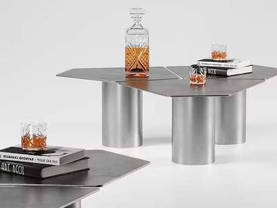 Modern Metal Coffee Table With Cylindrical Legs Whiskey Bottle Books And Glassware 3d model