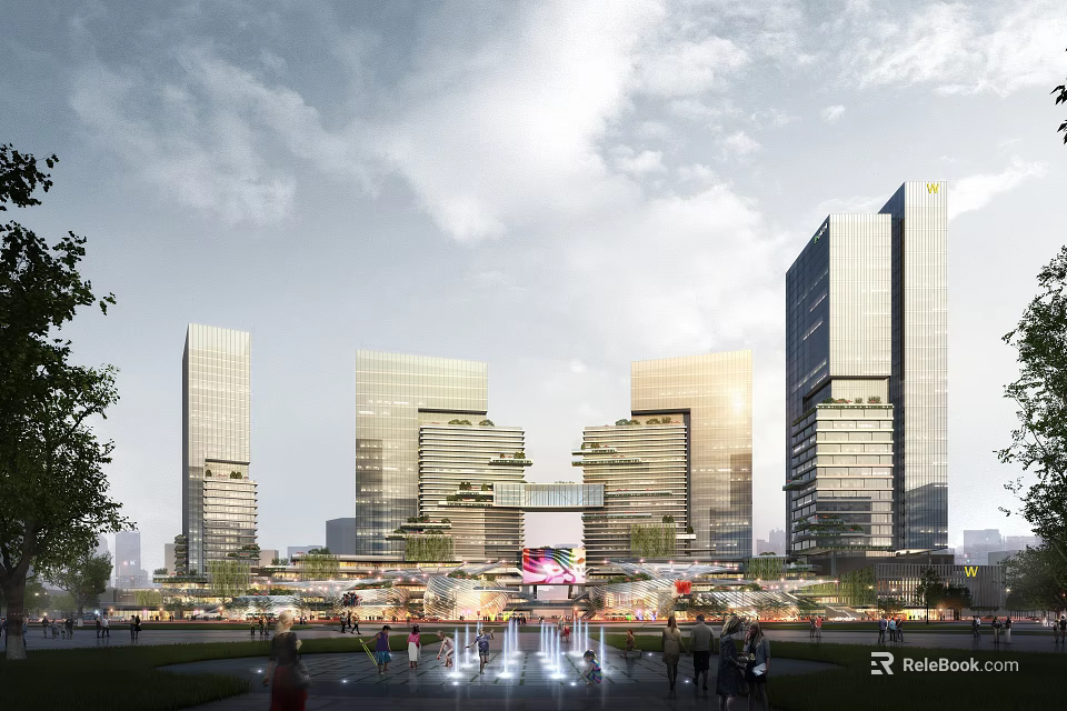 Modern Urban Commercial Complex With Tall Buildings Plaza Fountains And People 3d model 