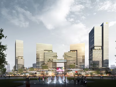 Modern Urban Commercial Complex With Tall Buildings Plaza Fountains And People 3d model