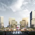 Modern Urban Commercial Complex With Tall Buildings Plaza Fountains And People