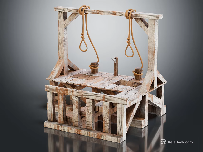 Antique Wooden Frame Structure With Hanging Ropes And Wooden Beam Platform Design 3d model 