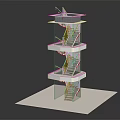 Modern Multi Level Spiral Staircase Model With Wooden Steps And White Platforms 3d model