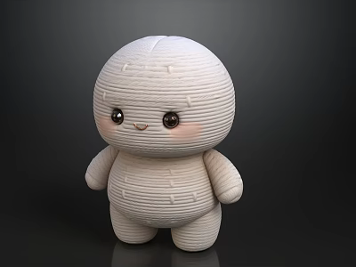 Cute White Knitted Doll With Round Head Big Eyes Smiling Face And Stitch Details 3d model