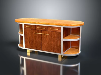 Elegant Modern Wooden Sideboard With Curved Top Gold Handles Open Shelves And Gold Legs 3d model